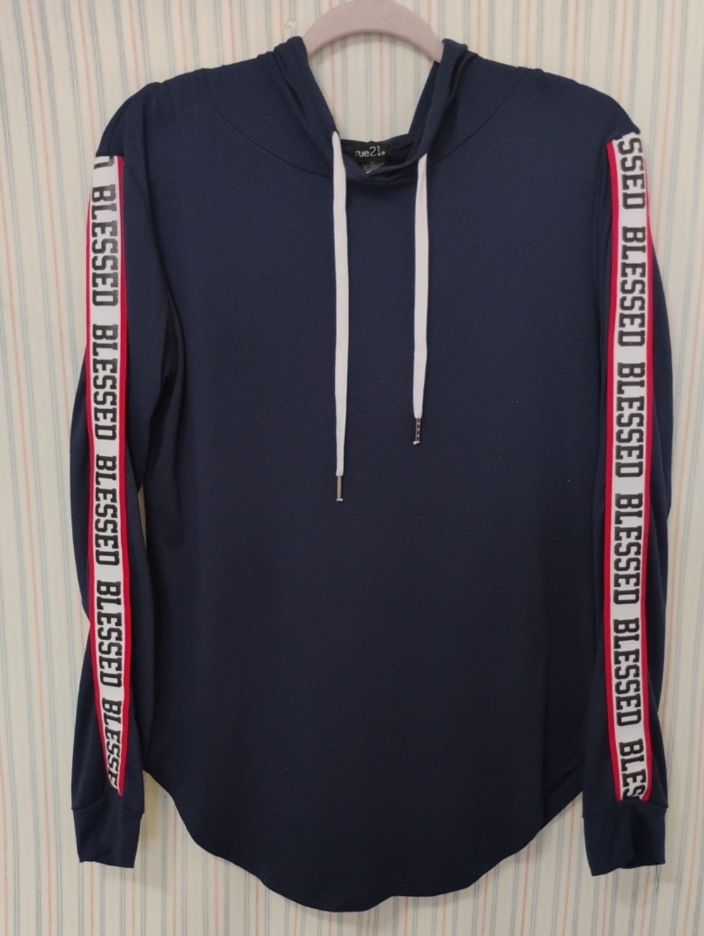 Rue21 Navy Hooded Long Sleeve Shirt With 'BLESSED' Sleeve Tape XL